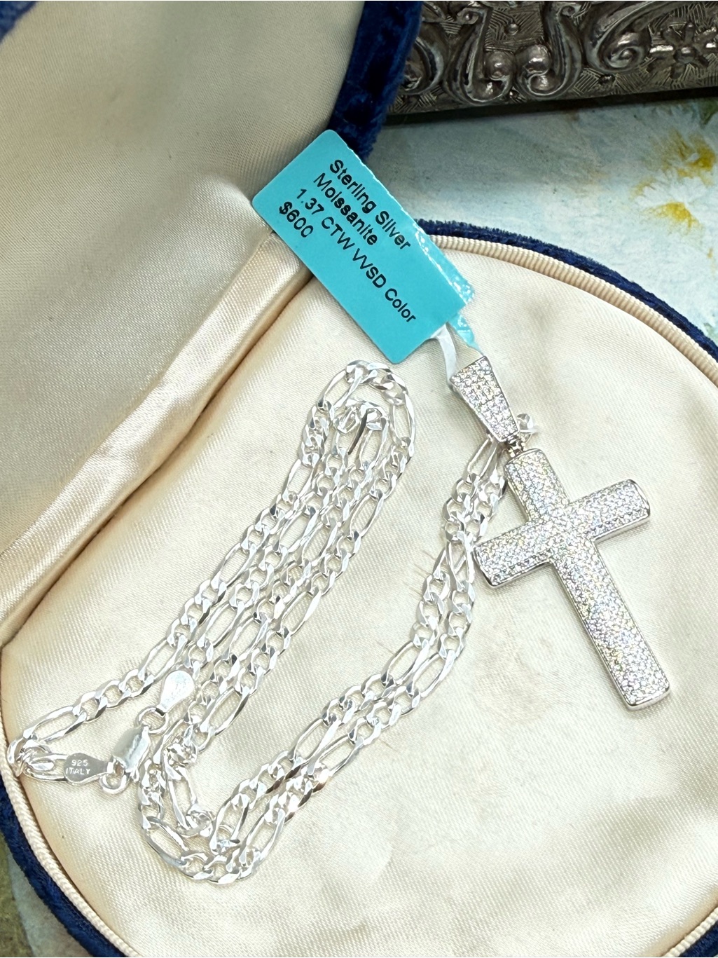 New 1.37 Ctw Moissanite Cross Pendant Sterling Silver Figaro Chain
